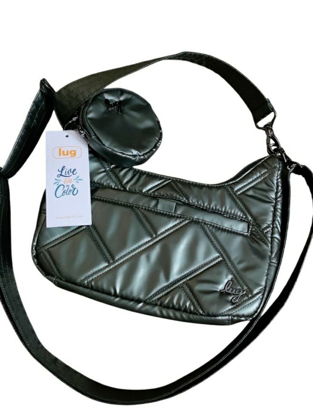 LUG Curtsy Mini Metlive Quilted Shoulder Bag Purse Olive Metallic
